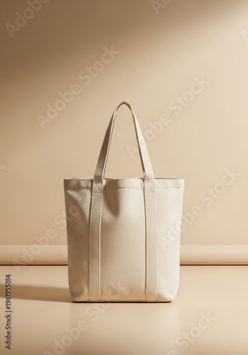 Minimalist cream canvas totebag front view on beige background, clean studio photography for microstock branding use