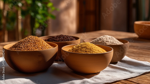 Sprouted ancient wheat varieties drying on linen cloth beside pottery bowls of different flour textures in warm morning light, ideal for heritage grains and modern baking theme cinematic color corre