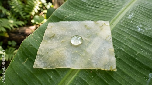 A square piece of translucent material with rounded edges sits on a large green leaf, featuring a circular object in its center