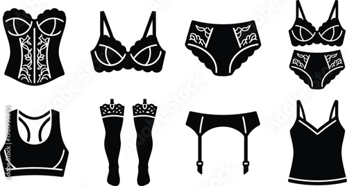 Collection of black silhouette representing various types of lingerie and hosiery