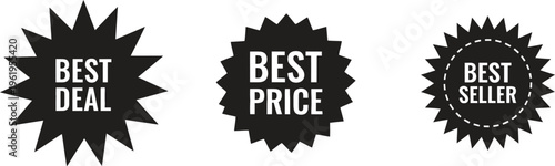 Three black starburst labels with white text on a clean white background