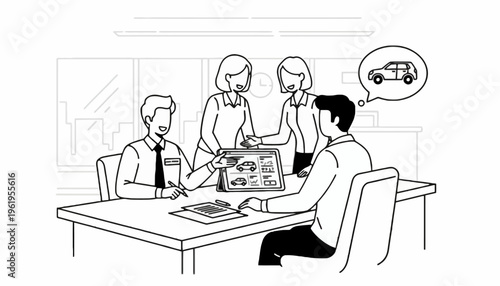 Business professionals collaborate during a car sales meeting, discussing vehicle options and guiding a client's purchase decision with a digital presentation in an office environment