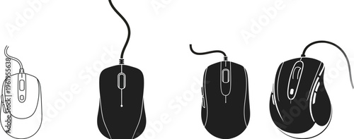 Four different computer mice are shown in various designs and styles on a white background