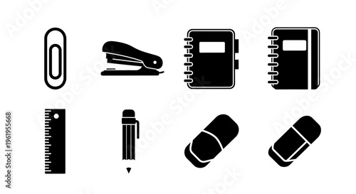 Set of black and white stationery icons: paperclip, stapler, notebooks, ruler, pencil, erasers