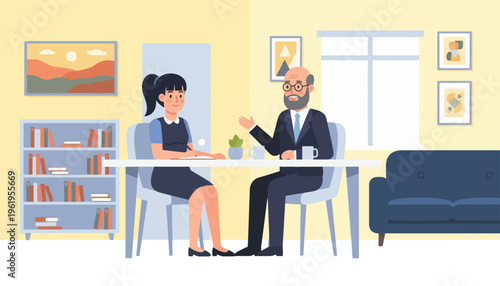 Two business professionals engage in a productive meeting, discussing corporate strategies and future plans within a modern office setting. A valuable exchange of ideas