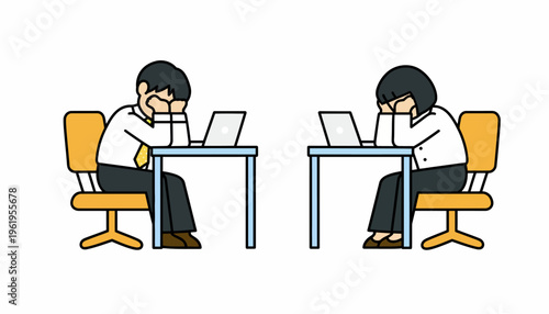 Illustration of two exhausted office workers resting their heads on their desks in front of laptops, depicting burnout and fatigue in the workplace