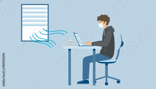 Person in face mask working remotely at desk with laptop, ensuring fresh air ventilation through window, promoting a healthy and productive home office environment
