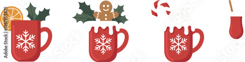 Set of Christmas beverage icons with hot chocolate mugs and gingerbread on white background