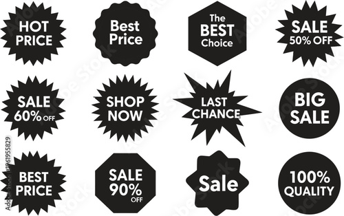 A collection of black and white sale stickers on a clean white background