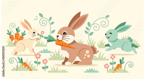 Three cartoon bunnies playing with carrots in a garden