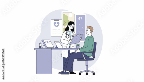 Doctor provides medical consultation, discussing health check-up results and offering personalized advice to a patient in a modern clinic