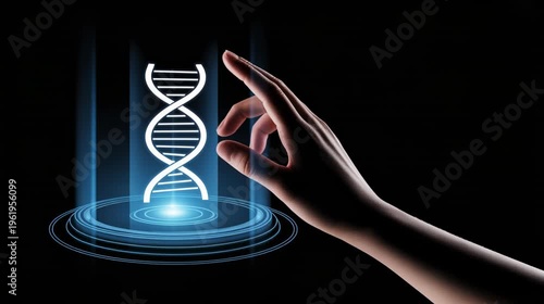 Hand interacting with holographic DNA test kit icon glowing 