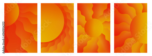 Abstract sunburst summer backgrounds. Vibrant gradient groovy wave sun rays. Psychedelic summer sunshine wavy line pattern in funky hippie 70s style poster vector collection