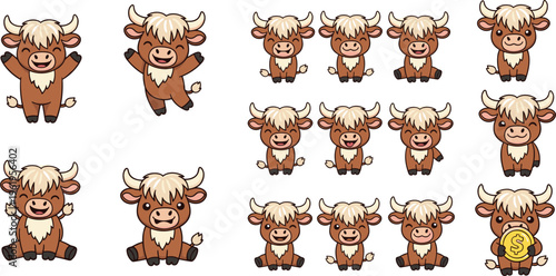 Cute cartoon bull and cow characters set with different poses and emotions, farm animal mascot collection vector illustration for kids, stickers and design
