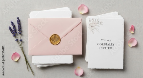 A stack of pink envelopes with a gold wax seal, accompanied by a card with floral designs and the text 'YOU ARE CORDIALLY INVITED'. The background features scattered pink rose 
