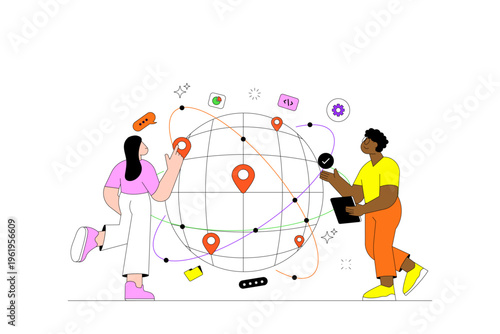 Global Business Networking and International Connectivity Illustration with Diverse Tech Team