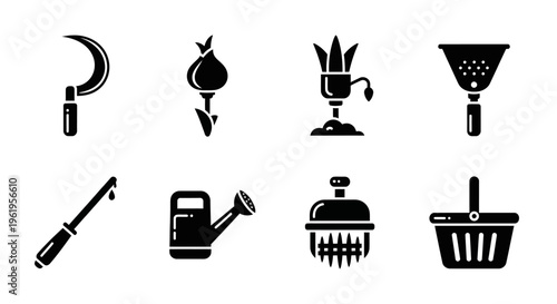 Gardening Tools Icons Set: Sickle, Bulb, Watering Can, Basket, Knife, Strainer, Brush