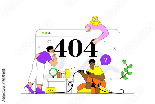 Error 404 Page Not Found and Empty State Illustration with Diverse Investigative Team