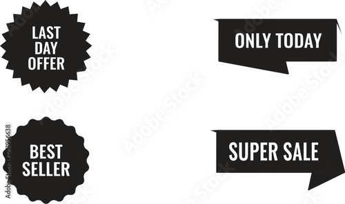 A set of black and white sale stickers on a clean white background