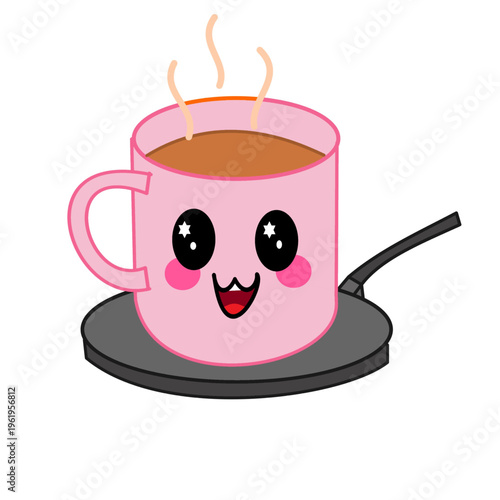 hot coffeee on coffee warmer cute kawaii cozy home cartoon.eps
