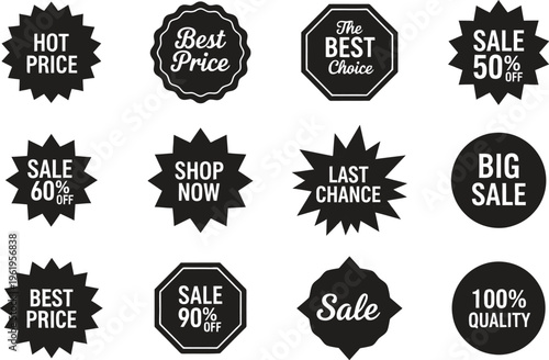 A collection of black and white sale stickers on a clean white background