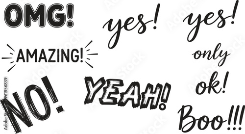 A collection of various words and phrases expressing different emotions and reactions