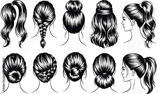 Hairstyle silhouettes, ponytail braid bun, elegant updo designs, hair texture illustration, fashion styling concept, beauty salon reference, artistic hair drawing set