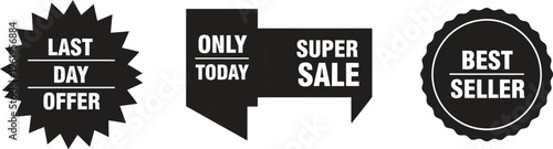 A set of black and white sale stickers on a clean white background