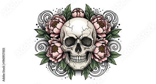 Intricate skull illustration surrounded by pink peonies and green leaves