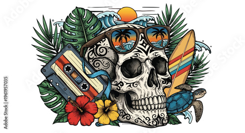 Vintage Skull with Tropical Elements and Surfing Theme