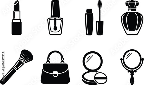 Lipstick nail polish mascara perfume brush handbag compact mirror and hand mirror