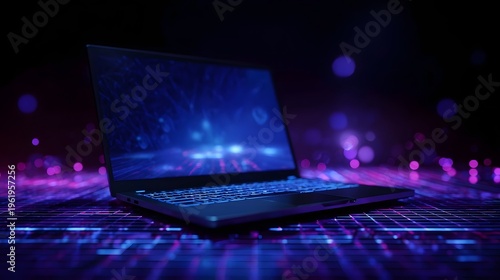 A sleek modern laptop glows with vibrant blue and purple digital light against a dark abstract background with bokeh