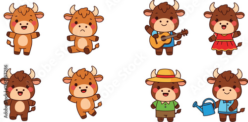 Cute cartoon cow characters set with funny farm animals in different outfits, activities and poses adorable vector illustration collection