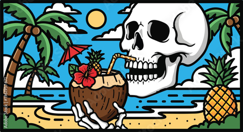 Colorful skull enjoying tropical coconut drink on beach