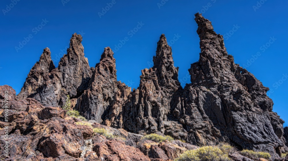Fototapeta premium Jagged volcanic rock formations against a clear blue sky in a rugged natural landscape