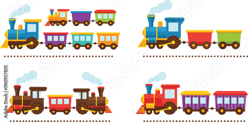 Cute cartoon train collection with colorful locomotives and wagons, kids transport set for nursery design, toys illustration and playful vector railway elements