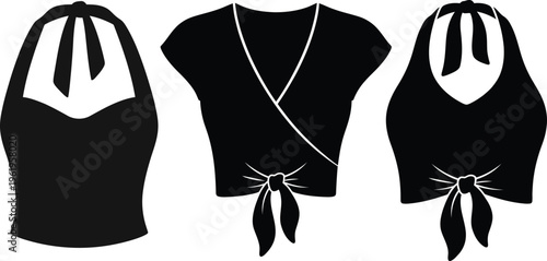 Three black silhouette outlines of women's halter tops and a wrap on a white background