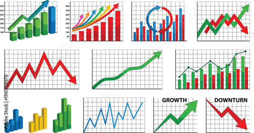 Business Growth and Financial Analytics Chart Set with Upward Trends, Downturn Graphs, Bar Charts, and Data Visualization Elements for Reports and Presentations