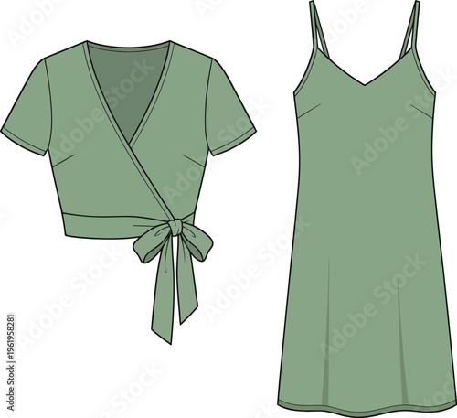 Two flat fashion in sage green showing a wrap crop and a spaghetti strap mini dress
