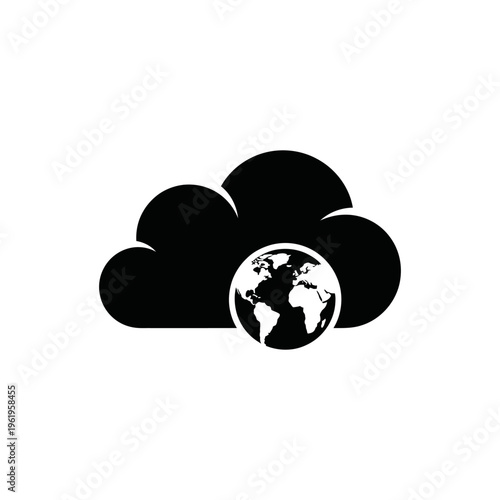 Black Cloud Icon with Earth Globe Symbolizing Global Cloud Computing
