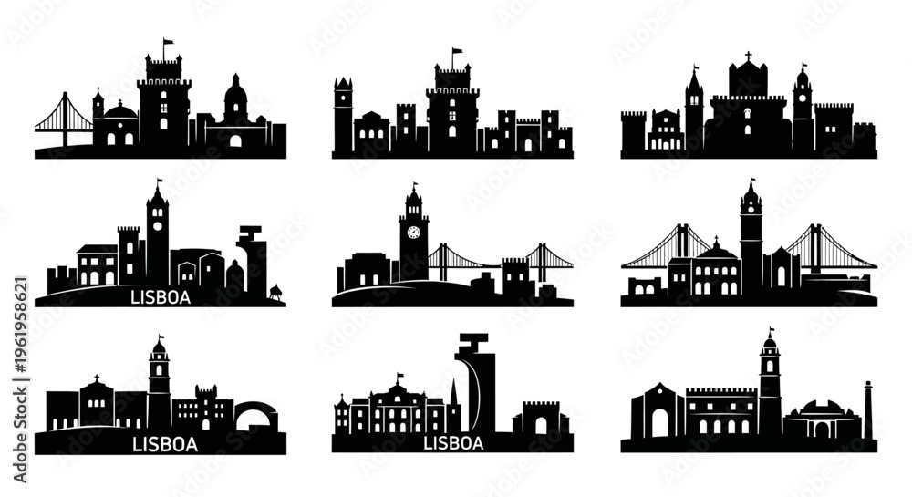Obraz premium Lisbon Skyline Silhouettes: Iconic Landmarks Collection