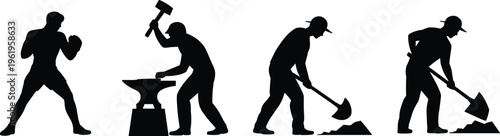 Manual labor silhouettes, boxing stance figure, blacksmith hammering anvil, digging worker silhouettes, physical effort concept, industrial work illustration, s