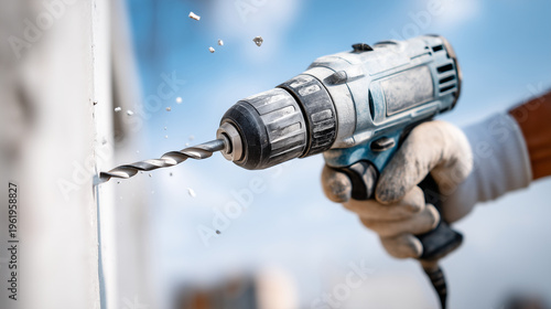 Close-up of a rotary hammer drill bit penetrating the white PVC profile and entering the concrete wall, held by a hand (faceless) in a clean glove, Frame Fixation concept, sharp fo