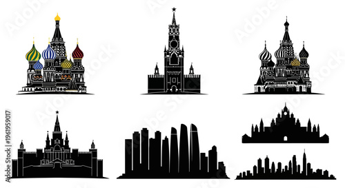 Moscow Skyline Silhouettes: Iconic Landmarks and Modern Architecture Collection