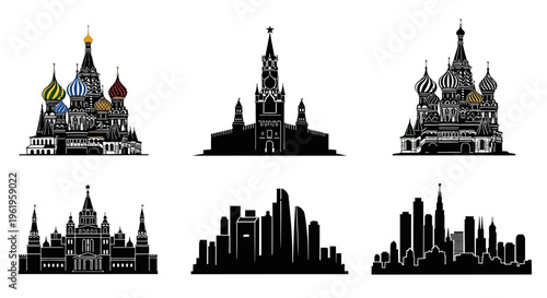 Moscow Cityscape Silhouette: St. Basil's Cathedral & Modern Skyscrapers