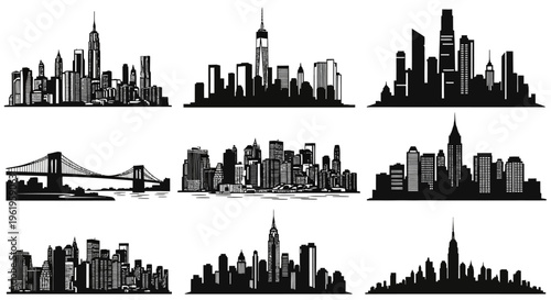 New York City Skyline Silhouette Collection: Iconic Buildings and Bridges