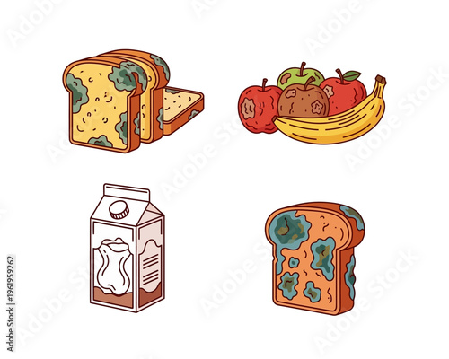 Illustration of common food spoilage, showing moldy bread slices, rotten apples and banana, and a milk carton, representing expired food.