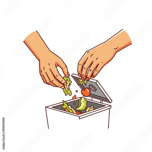Hands disposing of organic food waste into a compost bin for recycling.