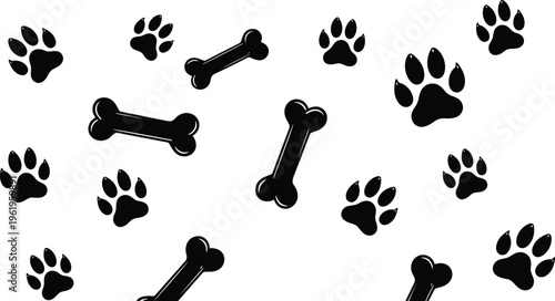 Dog paw print and bone pattern illustration, black silhouettes scattered across white background for pet-themed design projects - flat vector illustration