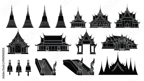 Thai temple architecture silhouette collection with pagodas and traditional buildings.